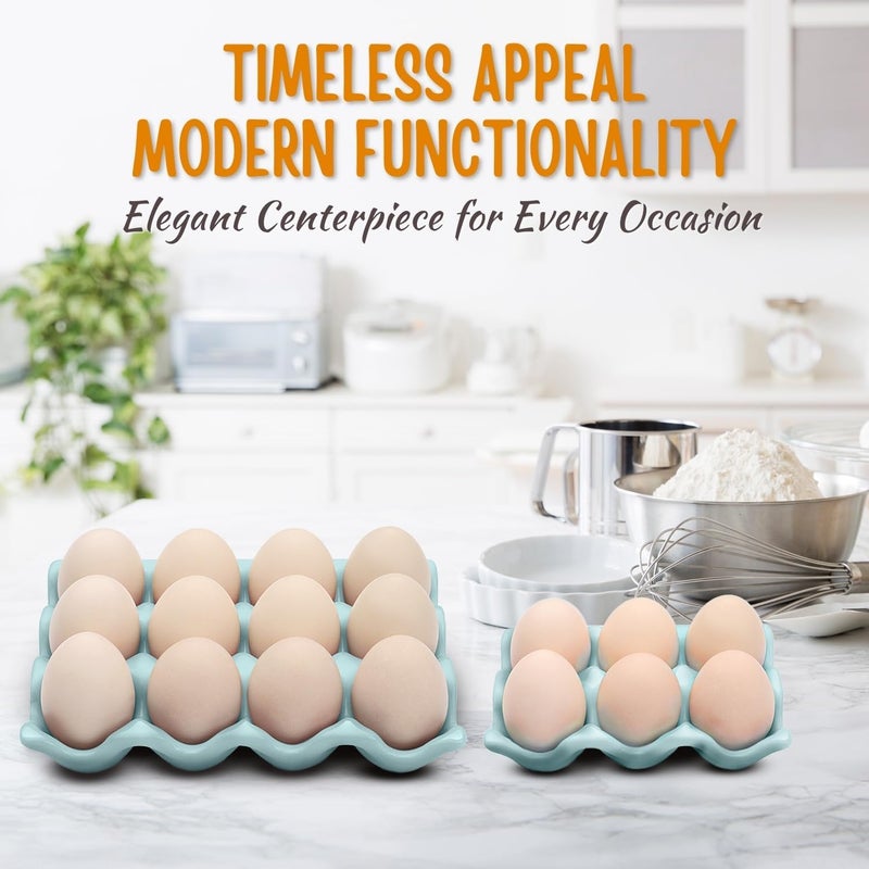 Flexzion 12 + 6 Cups Ceramic Egg Holder for Fridge - 18 Porcelain Egg Tray Container Keeper Storage Organizer Decorative Serving Stand Serveware for Refrigerator Countertop Display Kitchen (Blue) - Image 5